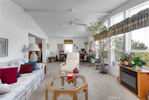 a living room with furniture and flowers