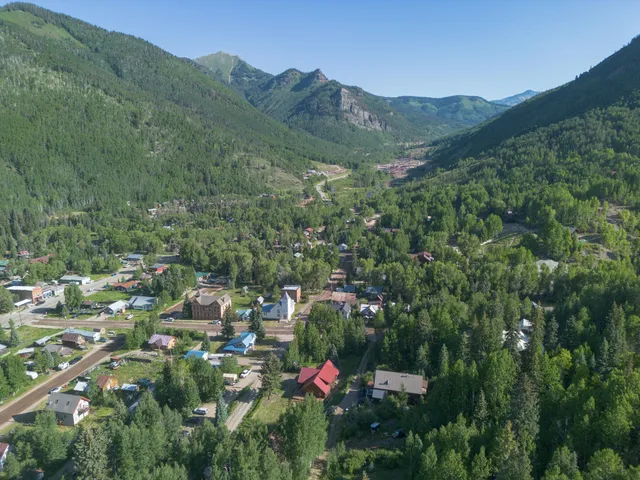 a view of a city with lush green forest