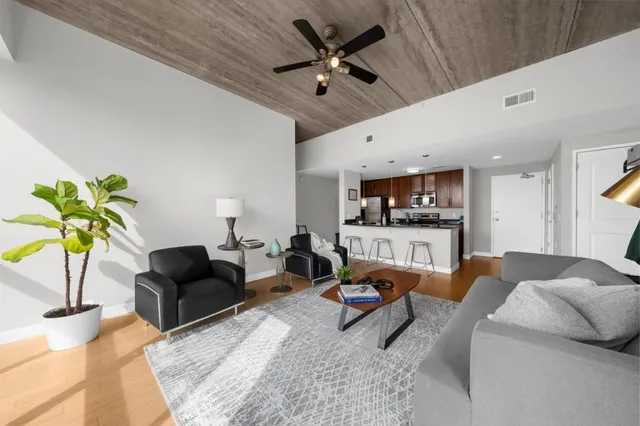 a living room with furniture or kitchen view and a potted plant