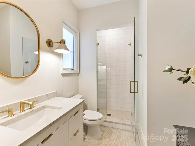 a bathroom with a toilet a sink a mirror and a shower