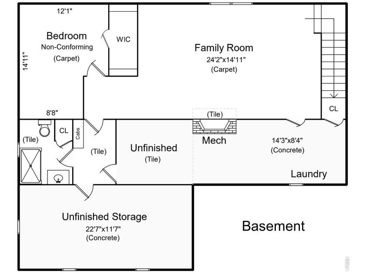 2106 13th Street Greeley, CO 80631 - Photo 42 of 42 Basement Floor Plan: Look at the size of that Family Room! But you still have tons of storage space to work with.