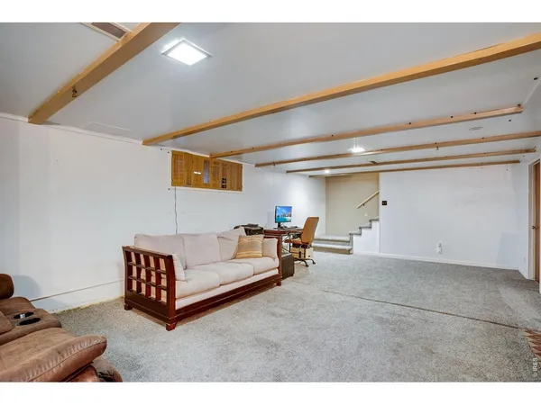 a living room with furniture and a gym machine