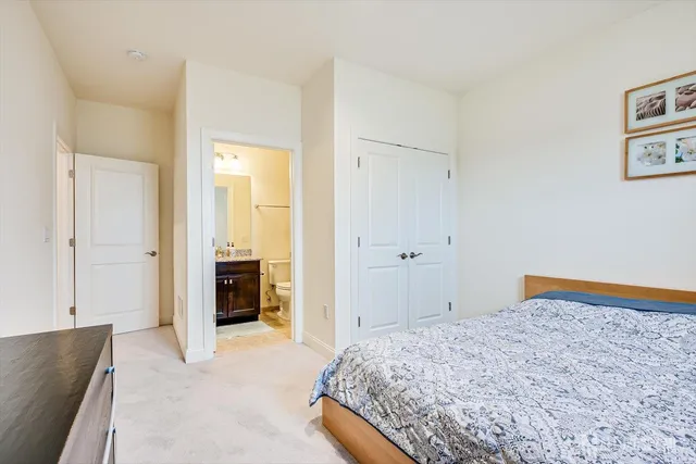 a bedroom with a bed and a furniture