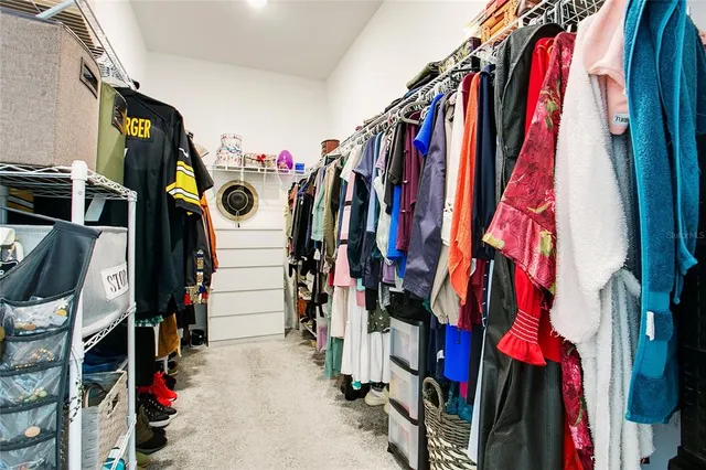 a view of walk in closet with clothes and shoes