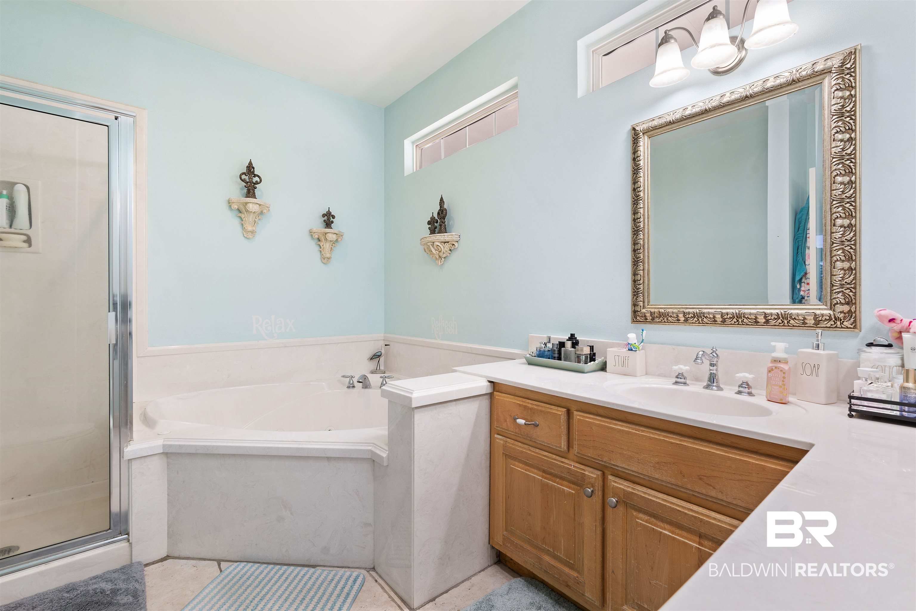 10197 Bellingrath Road Theodore, AL 36582 - Photo 20 of 37 Full bath featuring vanity, a bath, and a stall shower
