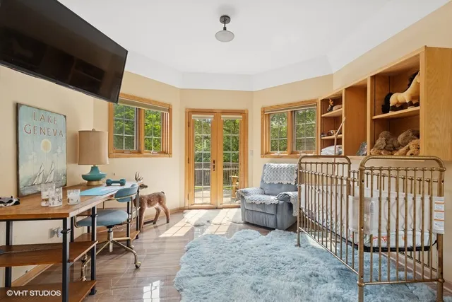 a view of a garden with a building in the background