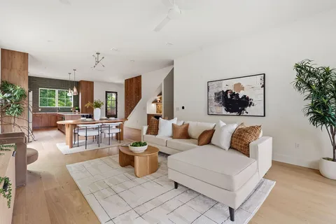 a living room with furniture and a potted plant