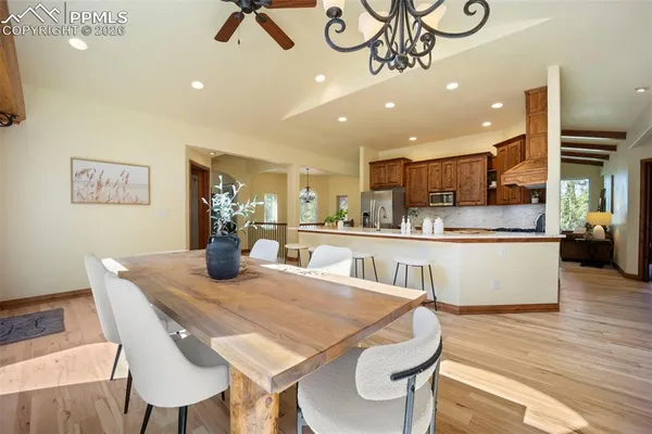 a view of a dining room with furniture