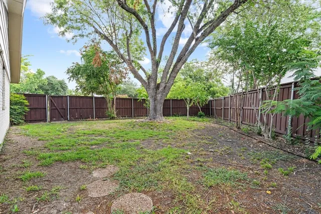 a view of a backyard with a trees and wooden fence