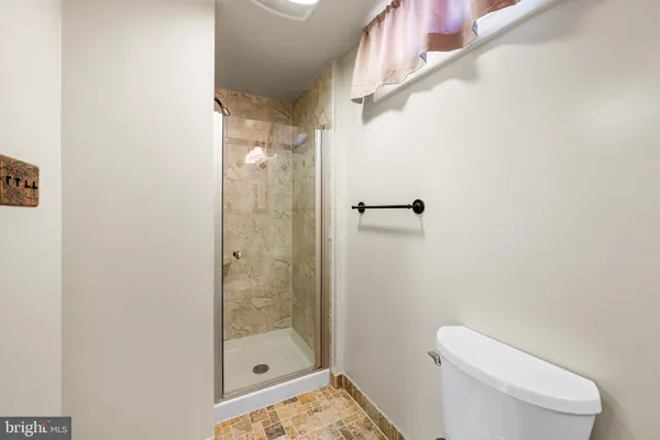 a bathroom with a shower and toilet