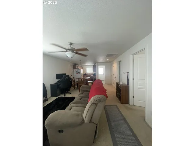 a living room with furniture and a ceiling fan