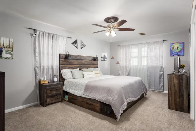 a bed room with a bed and a ceiling fan