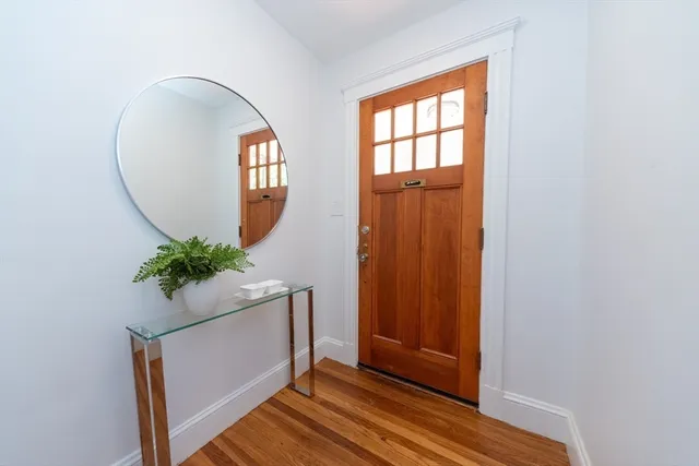 an entryway with wooden floor and a potted plant