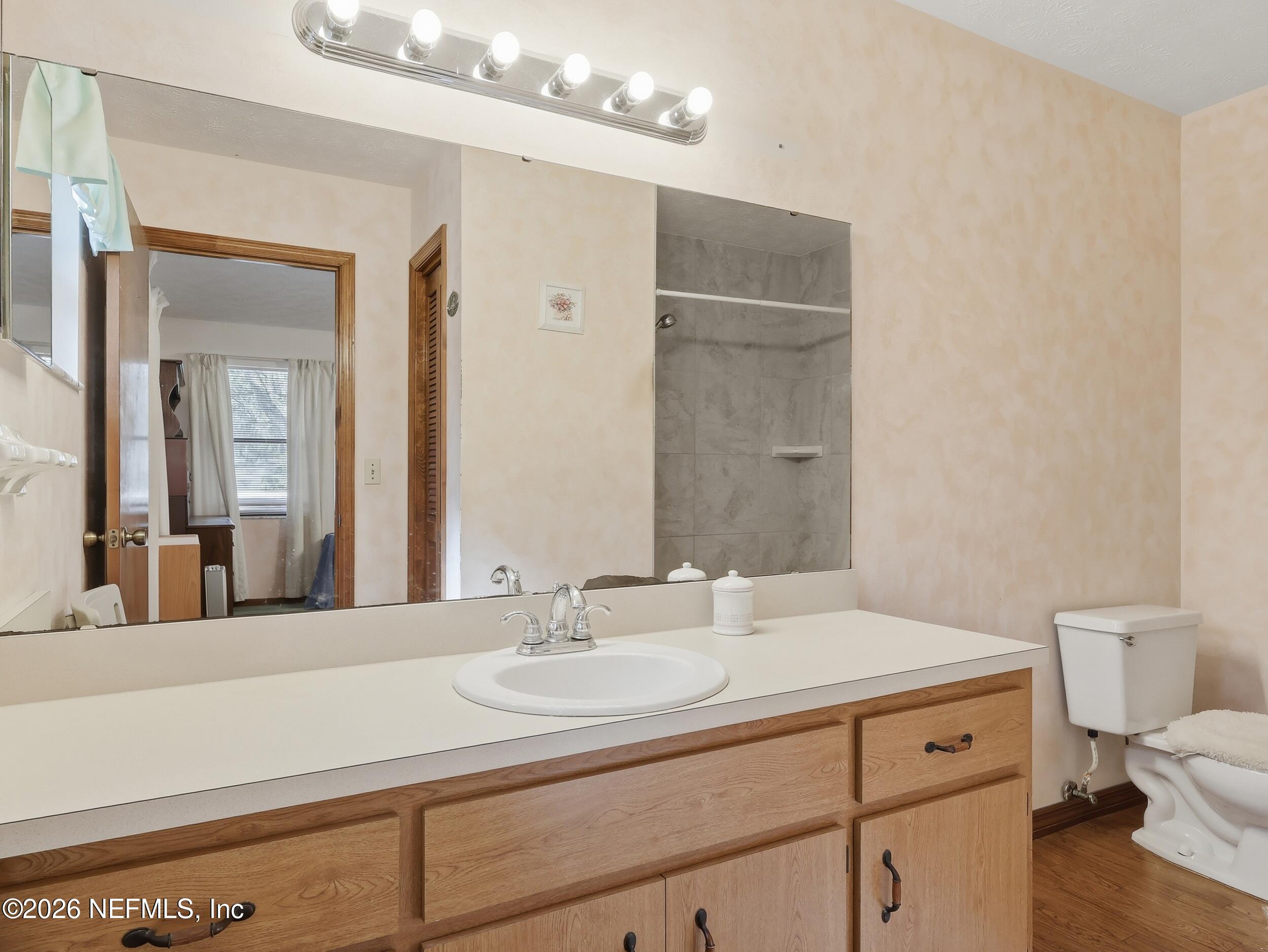 8336 Singleton Place Keystone Heights, FL 32656 - Photo 29 of 56 a bathroom with a sink a toilet and a mirror