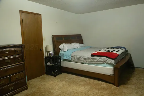 a bedroom with a bed and a closet