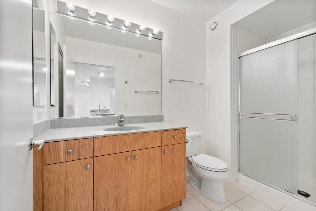 807 Davis Street, Unit 1607 Evanston, IL 60201 - Photo 11 of 28 a bathroom with a granite countertop sink a toilet and a mirror