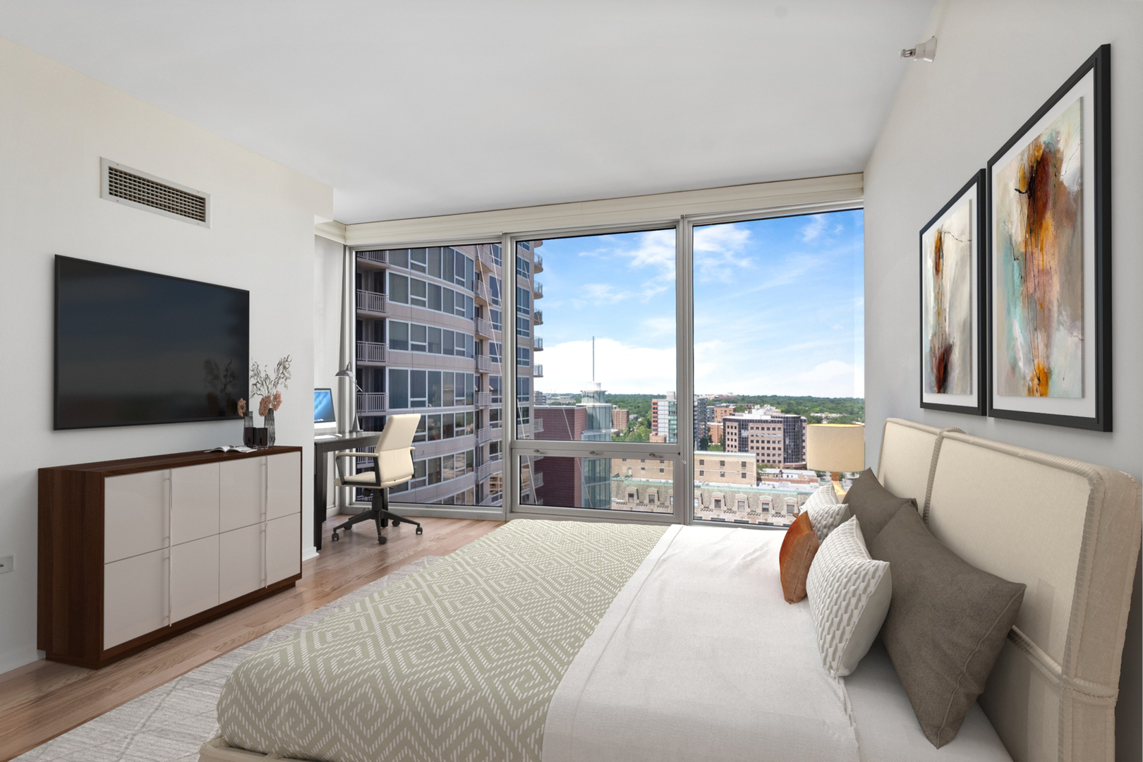 807 Davis Street, Unit 1607 Evanston, IL 60201 - Photo 10 of 28 a bedroom with a bed and large windows