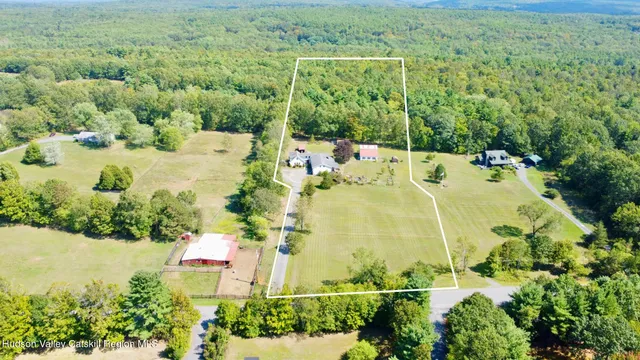 a view of a park with large trees