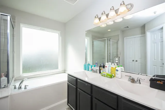 a bathroom with a tub a sink double vanity and a mirror