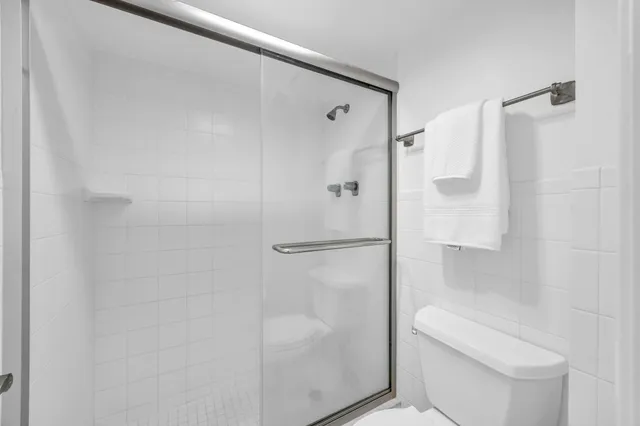 a bathroom with a shower and a toilet