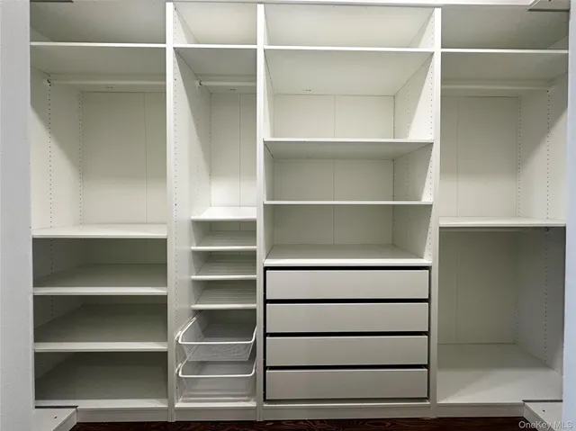a view of walk in closet with empty racks
