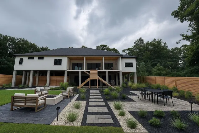 a front view of a house with a garden