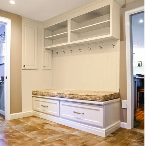 a view of kitchen with cabinets and outdoor space