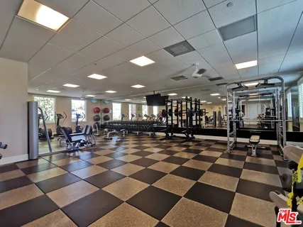 a view of a room with gym equipment and a rug