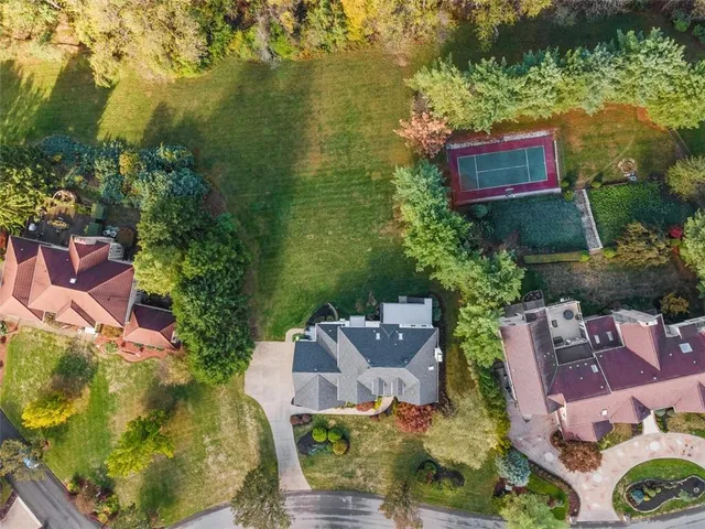 an aerial view of residential houses with outdoor space and trees