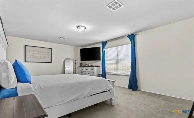 a bedroom with a large bed and a flat screen tv