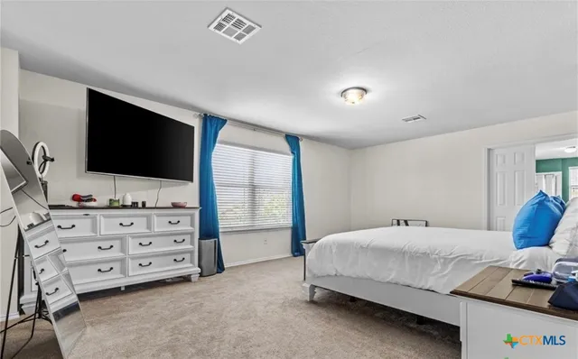 a bedroom with a bed and flat screen tv