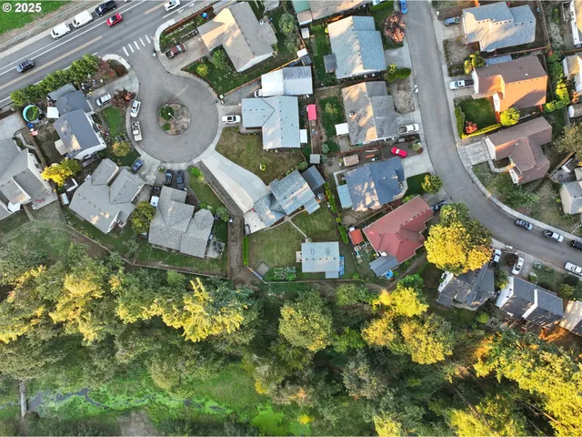 an aerial view of residential houses with outdoor space and street view