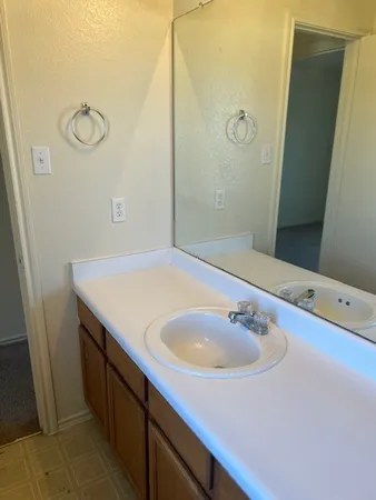 a bathroom with a sink and a mirror