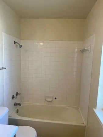 a bathroom with a bathtub and a toilet