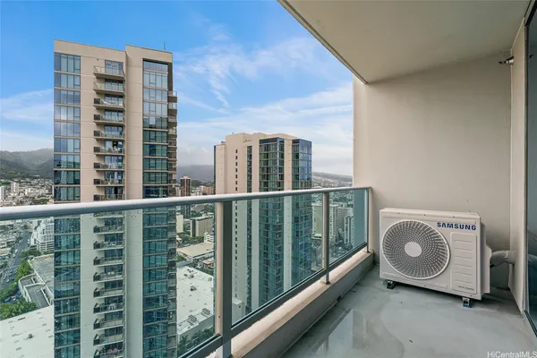 a view of a balcony with outside space