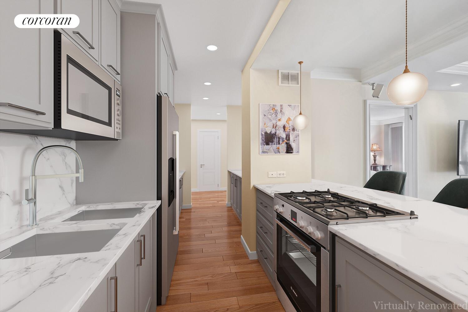 150 East 85th Street, Unit 8ABC Manhattan, NY 10028 - Photo 3 of 12 a kitchen with granite countertop a sink stove and cabinets