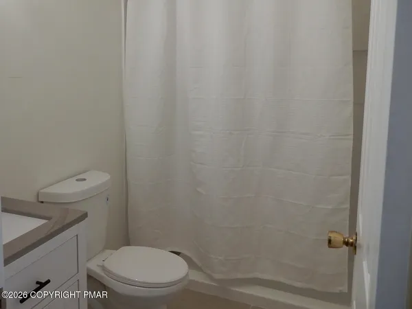a white toilet sitting next to a shower