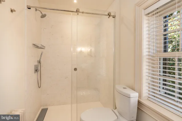 a bathroom with a shower and a toilet