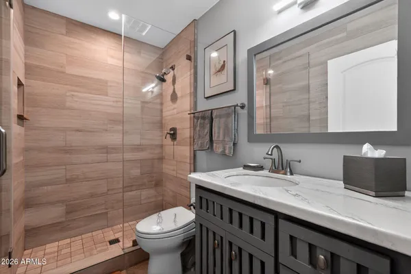 a bathroom with a sink a toilet and shower