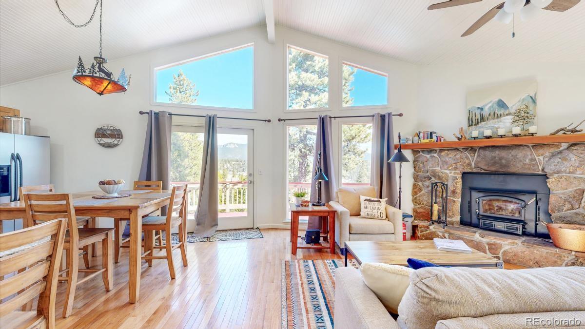 225 Rd P62 Bailey, CO 80421 - Photo 2 of 49 a living room with furniture a fireplace and a floor to ceiling window