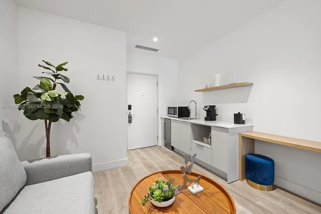 a living room with furniture and a potted plant