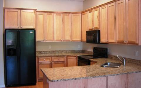 500 East Main Street, Unit 308 Blue Ridge, GA 30513 - Photo 9 of 12 a kitchen with stainless steel appliances granite countertop a refrigerator a stove a sink and a counter space