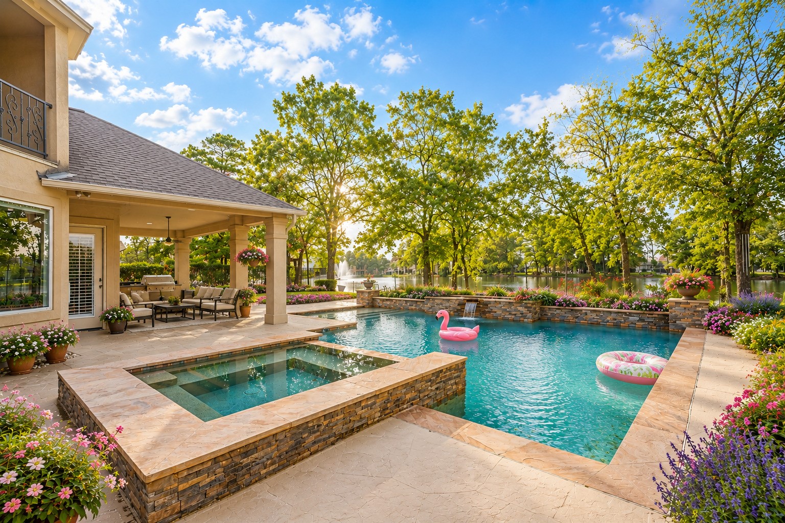 Luxury lakefront living with a heated pool, spa, outdoor kitchen, and breathtaking water views- virtually staged