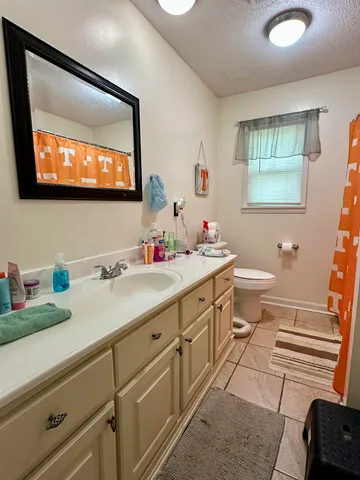 a bathroom with a double vanity sink mirror and toilet