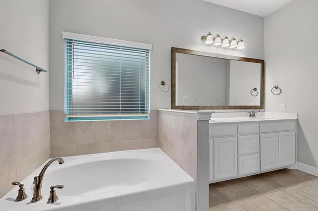 a bathroom with a bathtub a mirror and sink