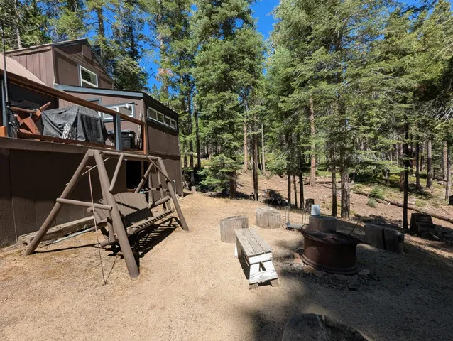 a view of a yard with plants and trees