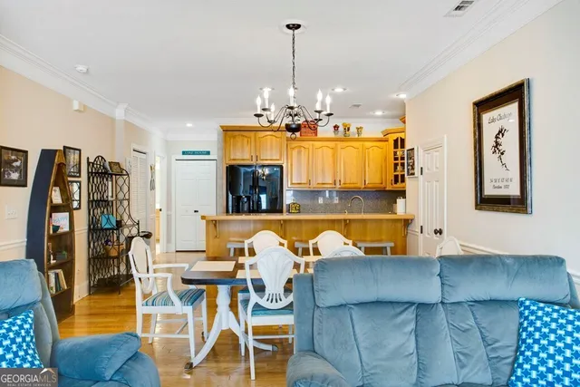 a view of a dining room with furniture