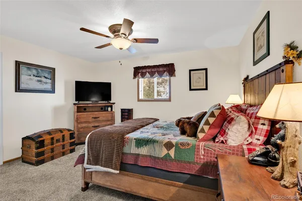 a bedroom with a bed and a flat tv screen on the dresser