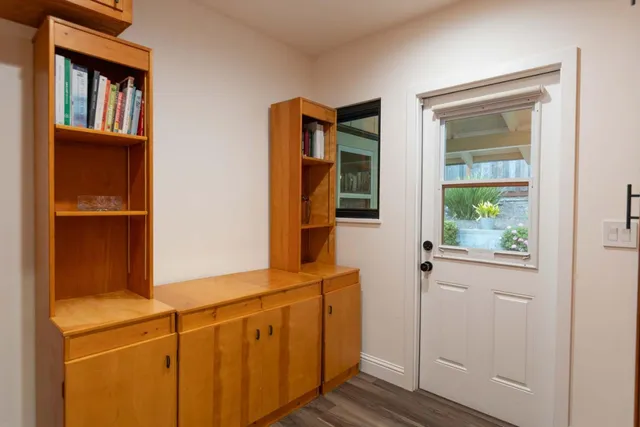 a hallway with windows