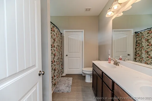 a bathroom with a sink a toilet and shower curtain